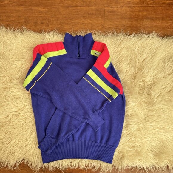 Vintage Slalom Mens Ski Sweater Royal Blue Neon Lime Fuchsia 80s 90s LG 1/4 Zip - Picture 10 of 12